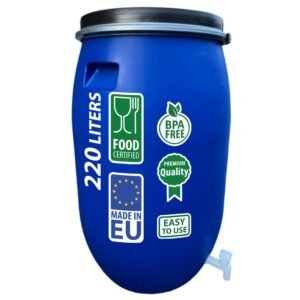 AGROHIT Regentonne 220 l, Weithalsfass aus Kunststoff, Kunststoffbehälter zur Aufbewahrung von Regenwasser, mit Deckel, Metallring & Wasserhahn, Lebensmittelecht, Regenfass, Blau